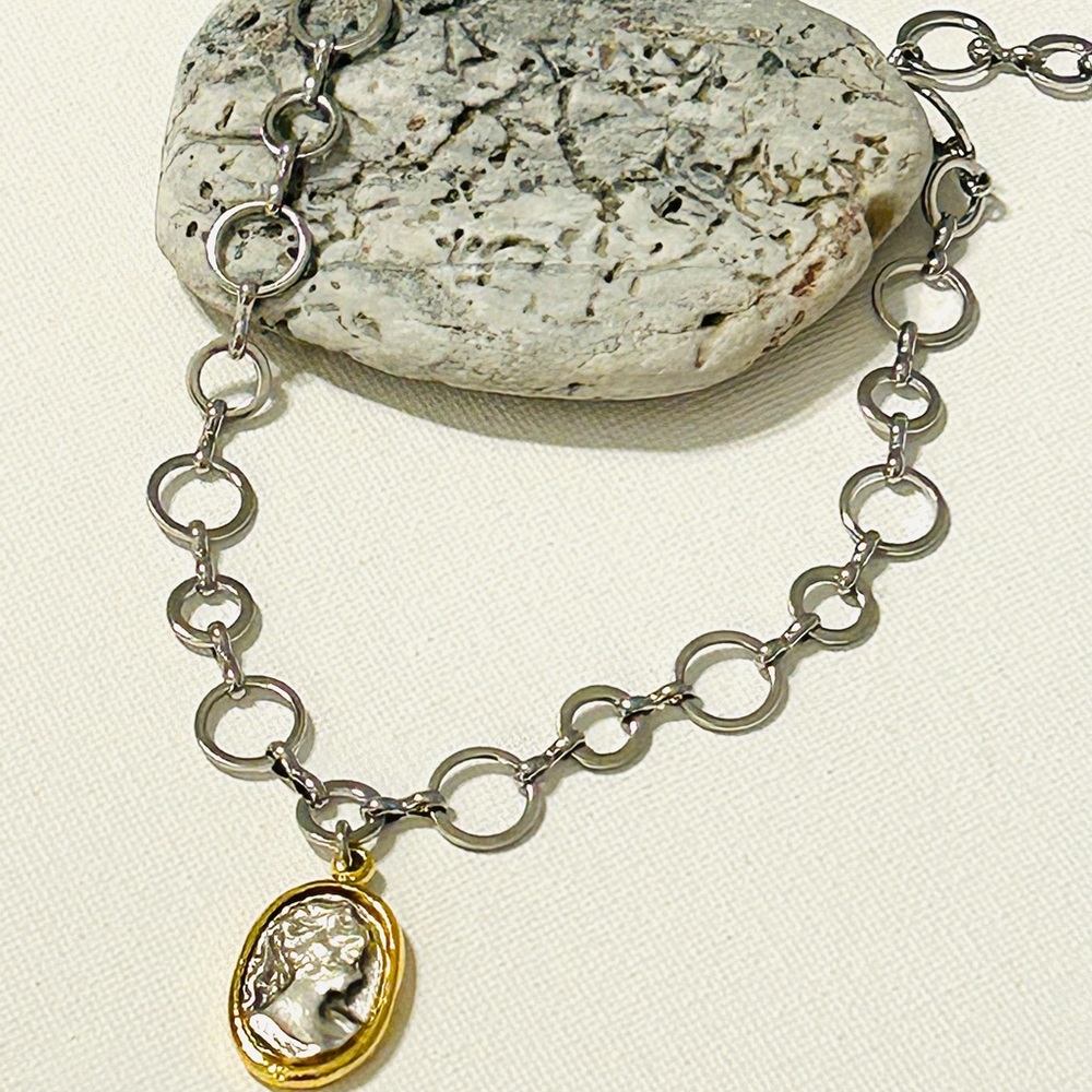 Greek Goddess pendant necklace, Elegant Gold and Silver Cameo Necklace